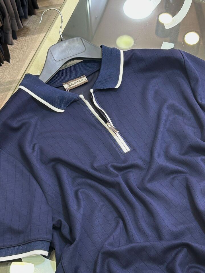 ERKEK LACİVERT FERMUAR POLO YAKA ÇİZGİLİ DESEN OYSHO TİŞÖRT