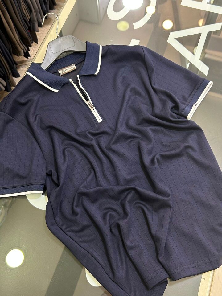 ERKEK LACİVERT FERMUAR POLO YAKA ÇİZGİLİ DESEN OYSHO TİŞÖRT