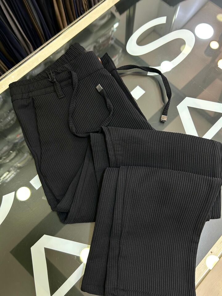 ERKEK SİYAH LİKRALI FİTİLLİ JOGGER PANTOLON
