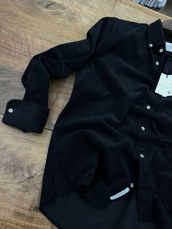 ERKEK SİYAH MODERN FİT UZUN KOLLU KADİFE GÖMLEK