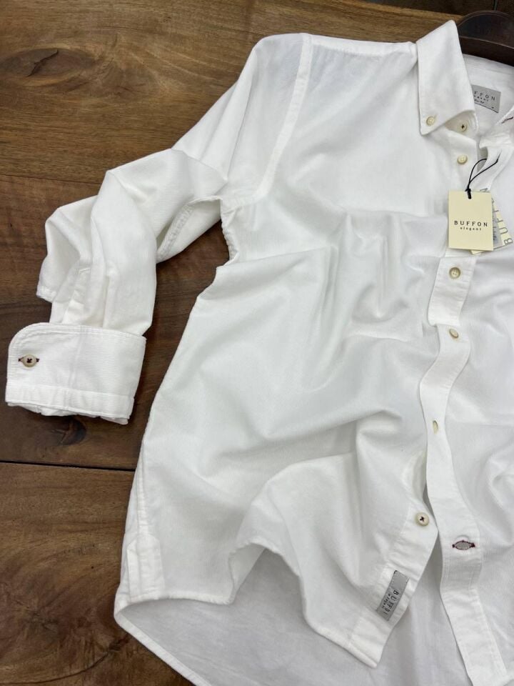 ERKEK BEYAZ MODERN FİT UZUN KOLLU KADİFE GÖMLEK