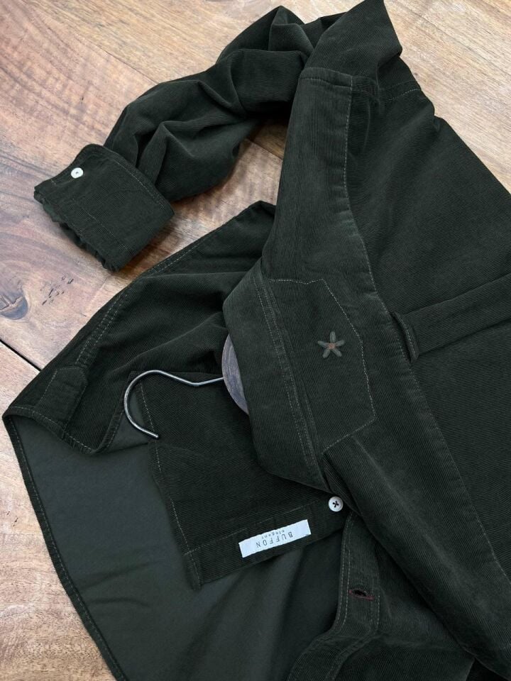 ERKEK YEŞİL MODERN FİT UZUN KOLLU KADİFE GÖMLEK