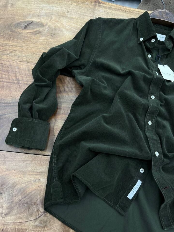 ERKEK YEŞİL MODERN FİT UZUN KOLLU KADİFE GÖMLEK