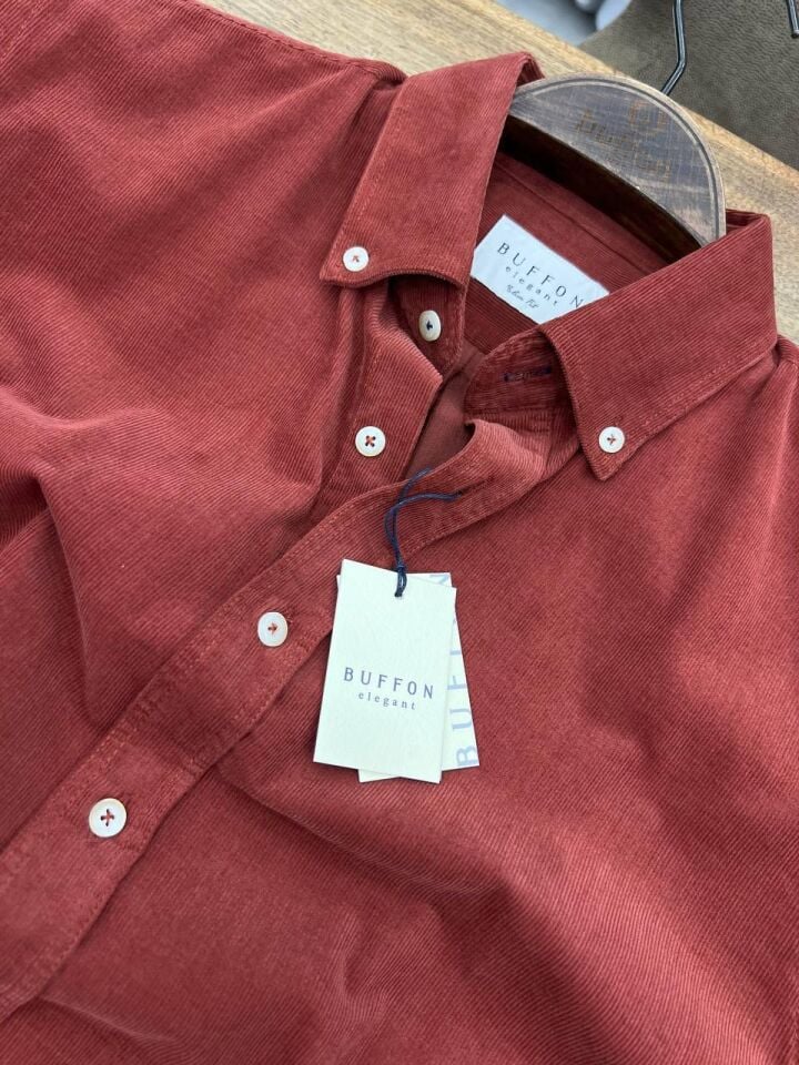 ERKEK KİREMİT MODERN FİT UZUN KOLLU KADİFE GÖMLEK