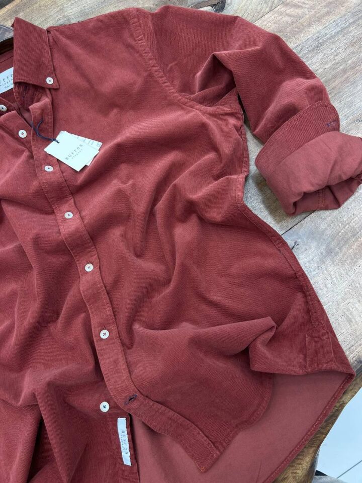 ERKEK KİREMİT MODERN FİT UZUN KOLLU KADİFE GÖMLEK