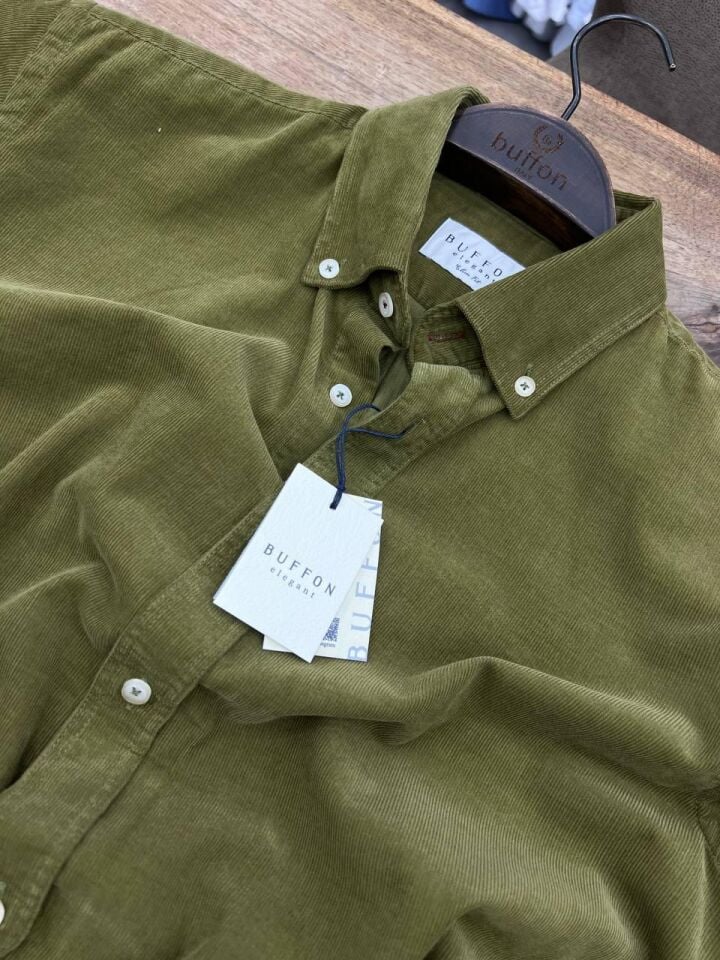 ERKEK YAĞ YEŞİLİ MODERN FİT UZUN KOLLU KADİFE GÖMLEK