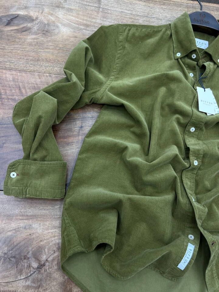 ERKEK YAĞ YEŞİLİ MODERN FİT UZUN KOLLU KADİFE GÖMLEK