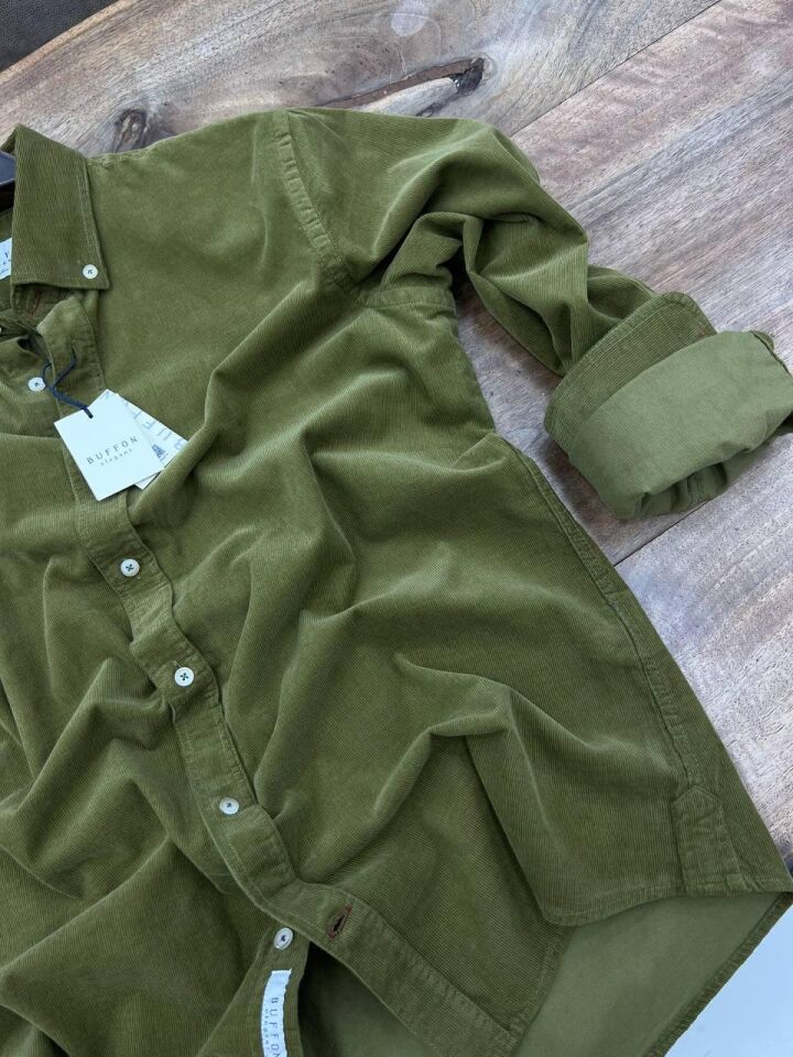 ERKEK YAĞ YEŞİLİ MODERN FİT UZUN KOLLU KADİFE GÖMLEK