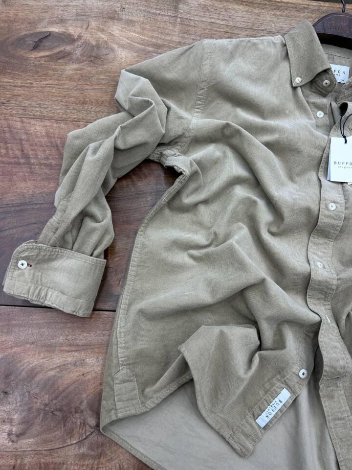 ERKEK BEJ MODERN FİT UZUN KOLLU KADİFE GÖMLEK