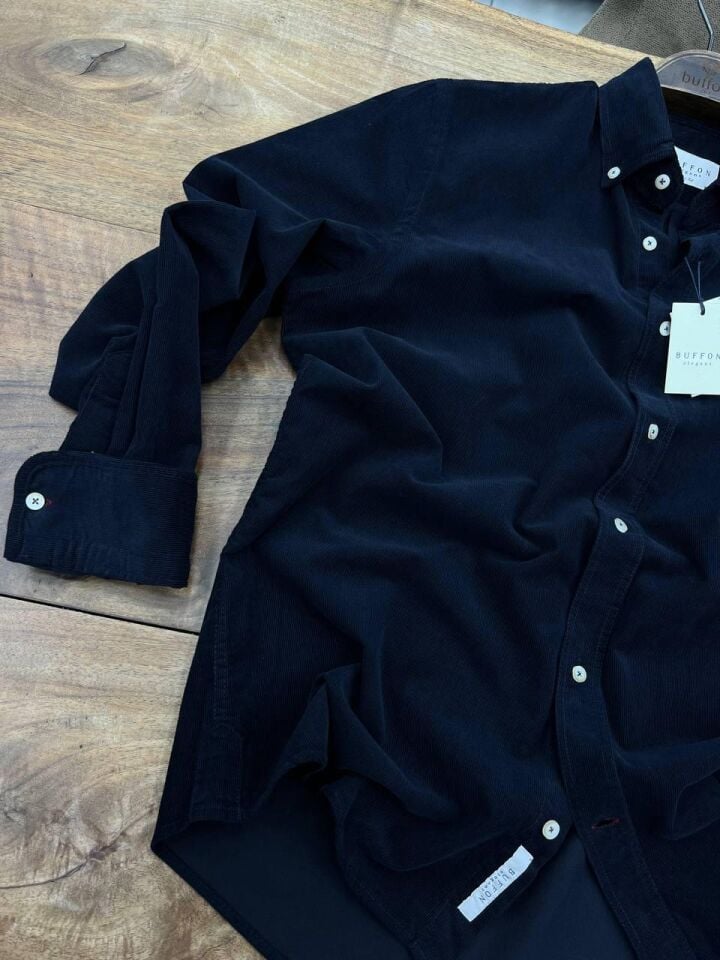 ERKEK LACİVERT MODERN FİT UZUN KOLLU KADİFE GÖMLEK