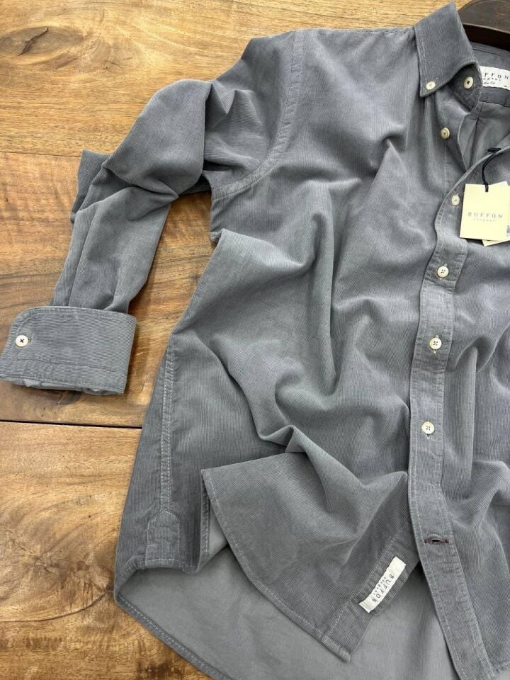 ERKEK GRİ MODERN FİT UZUN KOLLU KADİFE GÖMLEK