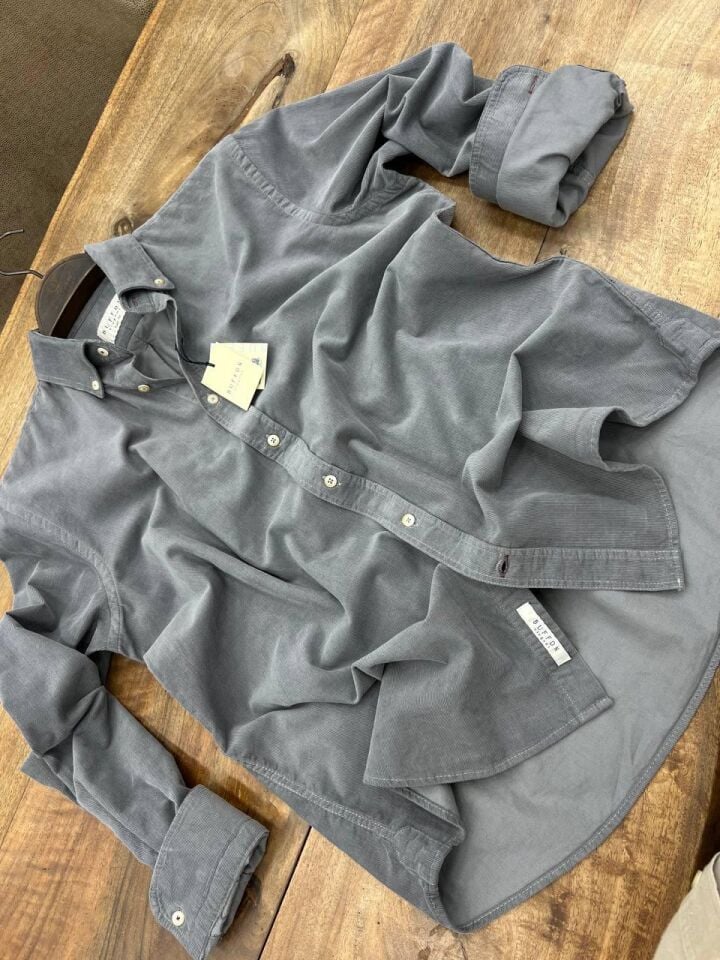 ERKEK GRİ MODERN FİT UZUN KOLLU KADİFE GÖMLEK