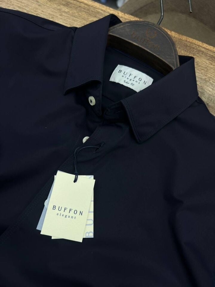 ERKEK LACİVERT GİZLİ DÜĞMELİ YAKA EN BOY ESNEK PERFORMANS GÖMLEK