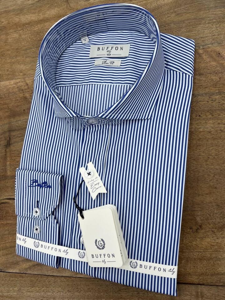 ERKEK LACİVERT SLİM FİT ÇİZGİLİ NON-IRON EASY CARE LİKRALI GÖMLEK