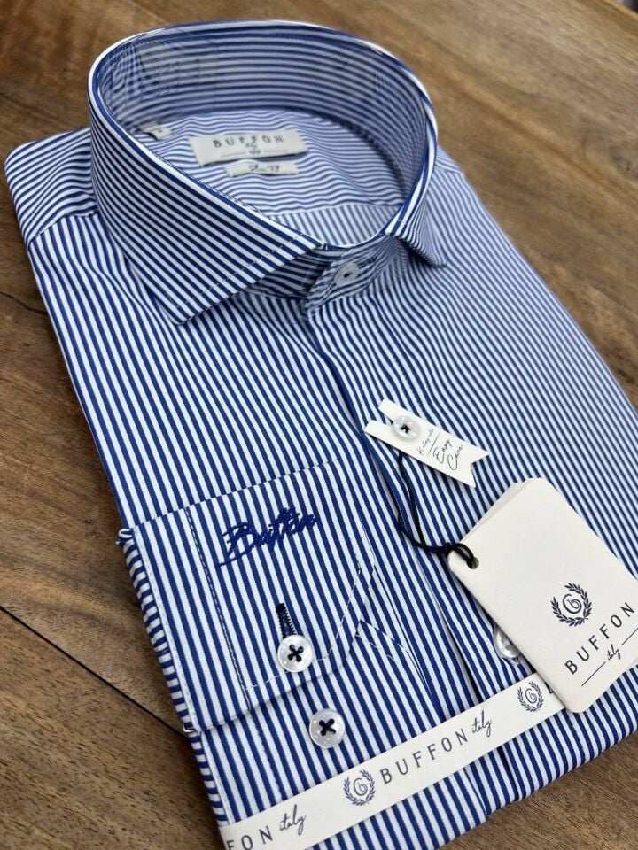 ERKEK LACİVERT SLİM FİT ÇİZGİLİ NON-IRON EASY CARE LİKRALI GÖMLEK