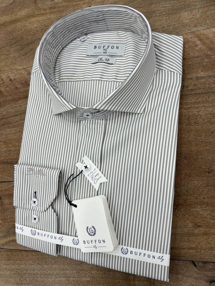 ERKEK BEJ SLİM FİT ÇİZGİLİ NON-IRON EASY CARE LİKRALI GÖMLEK