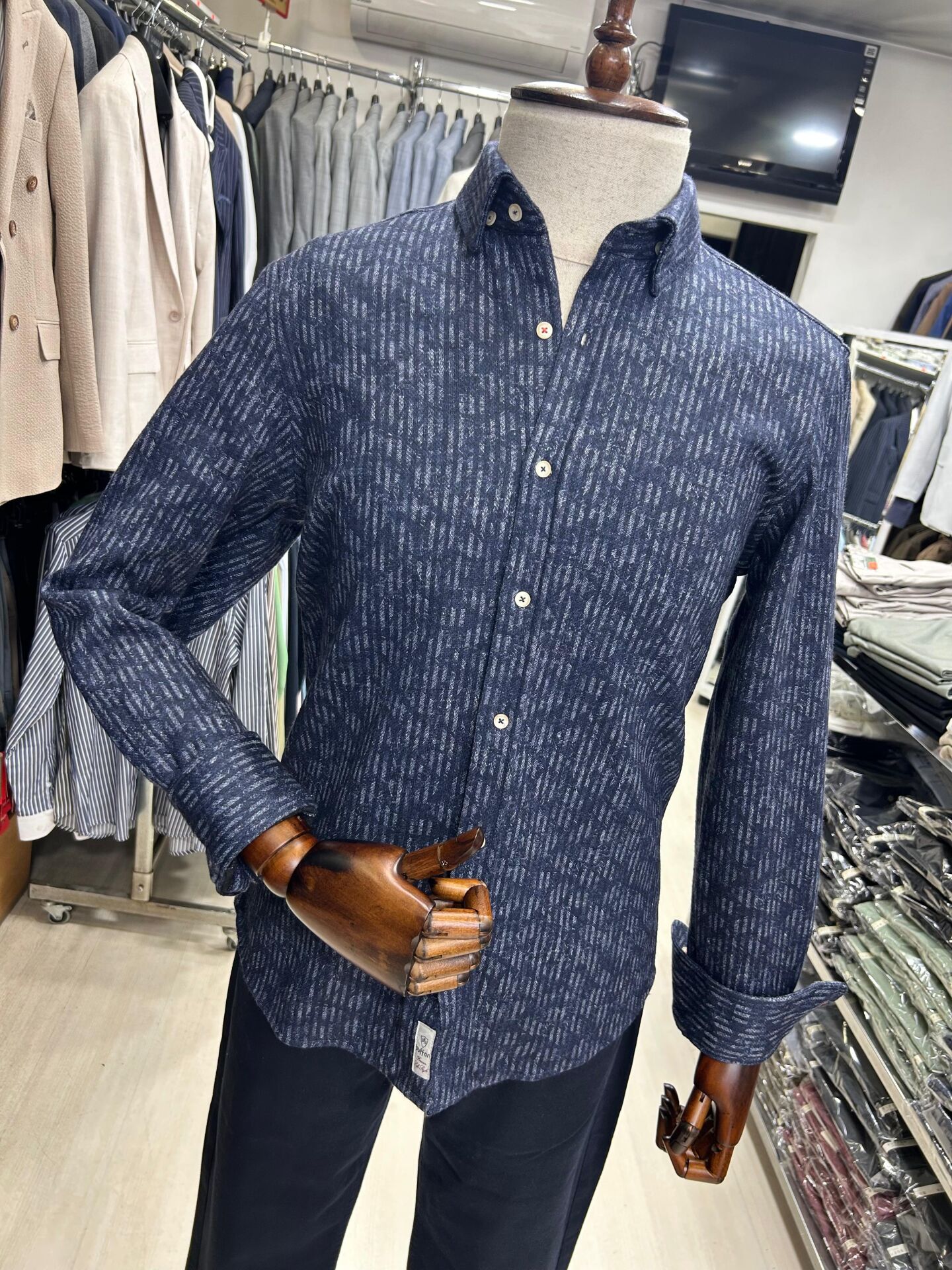 ERKEK LACİVERT ÇİZGİLİ SLİM FİT KIŞLIK ÖRME GÖMLEK