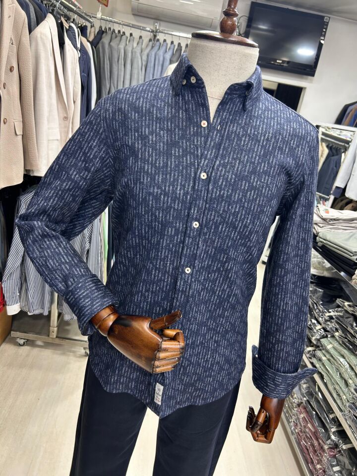 ERKEK LACİVERT ÇİZGİLİ SLİM FİT KIŞLIK ÖRME GÖMLEK