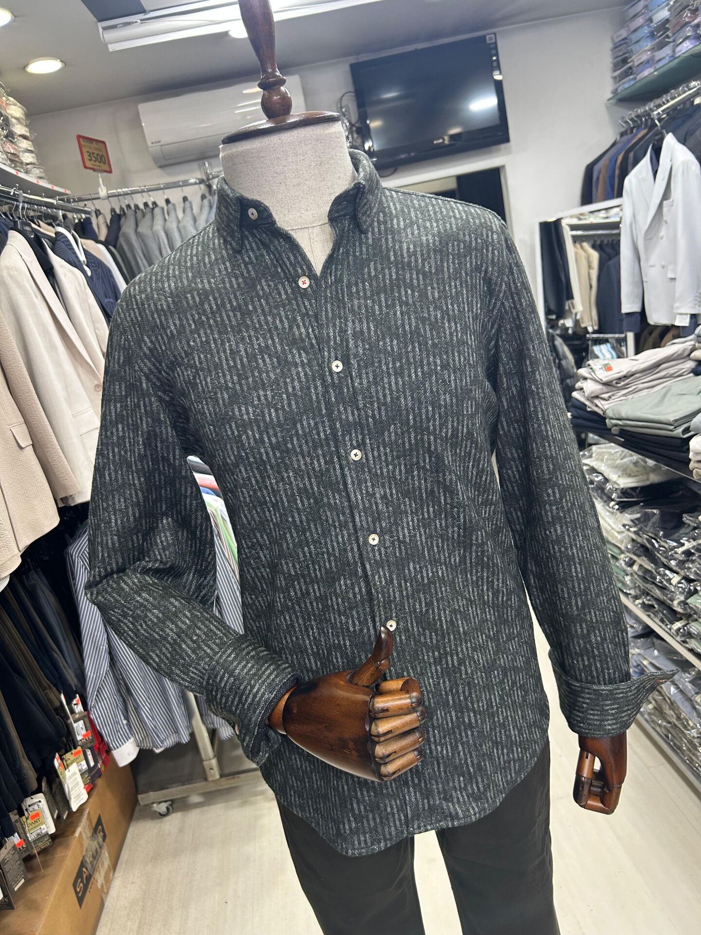 ERKEK HAKİ ÇİZGİLİ SLİM FİT KIŞLIK ÖRME GÖMLEK