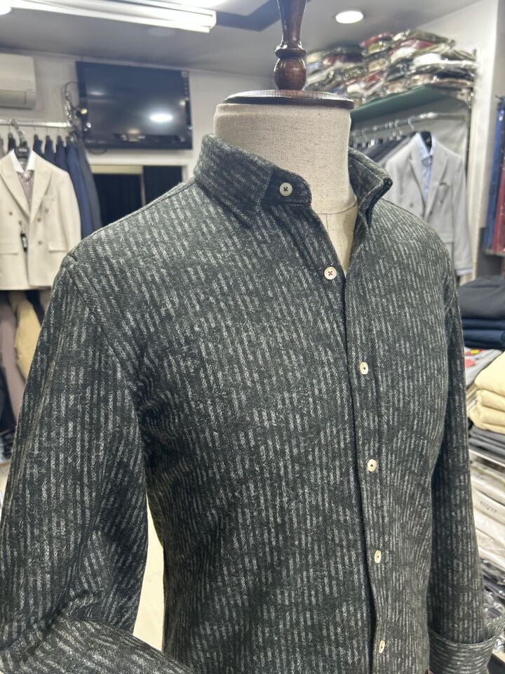 ERKEK HAKİ ÇİZGİLİ SLİM FİT KIŞLIK ÖRME GÖMLEK