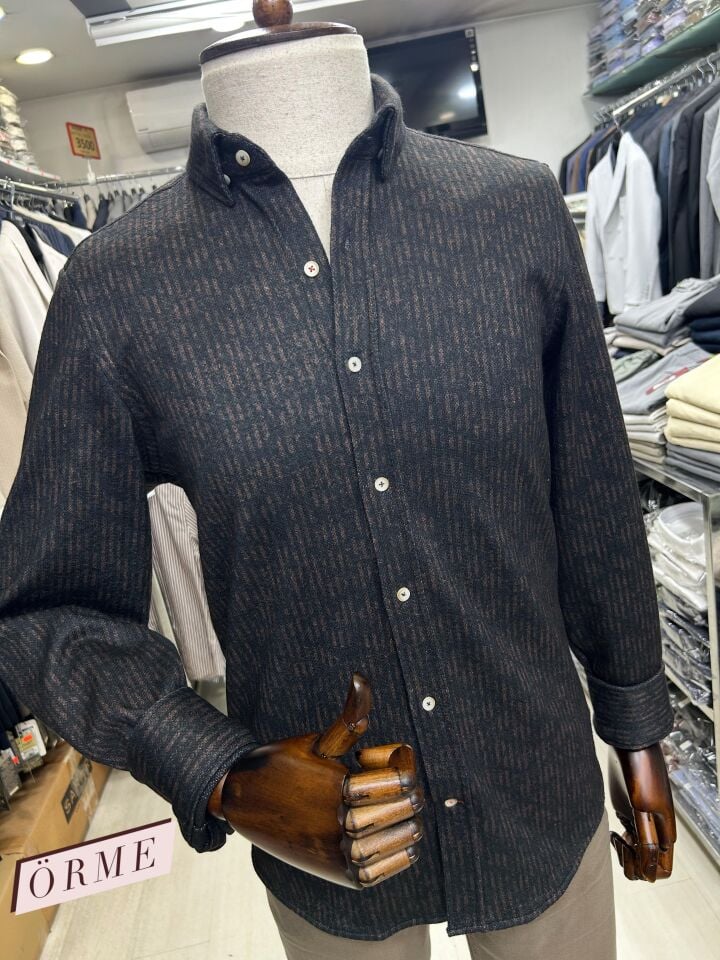 ERKEK KAHVERENGİ ÇİZGİLİ SLİM FİT KIŞLIK ÖRME GÖMLEK