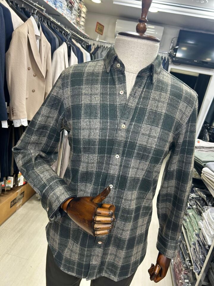 ERKEK HAKİ EKOSELİ SLİM FİT KIŞLIK ÖRME GÖMLEK