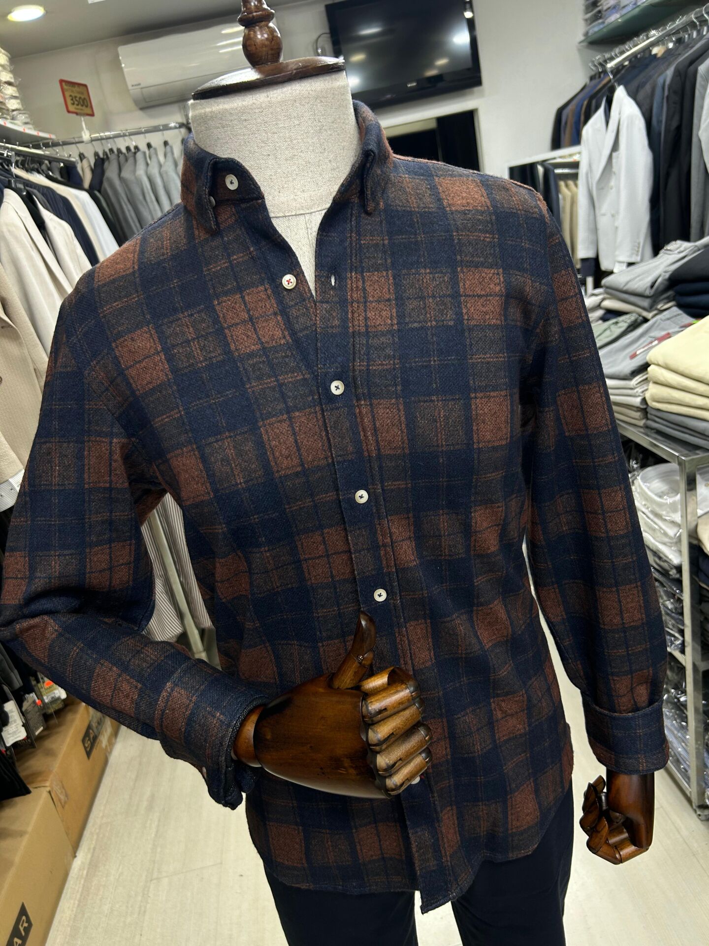 ERKEK KAHVERENGİ EKOSELİ SLİM FİT KIŞLIK ÖRME GÖMLEK