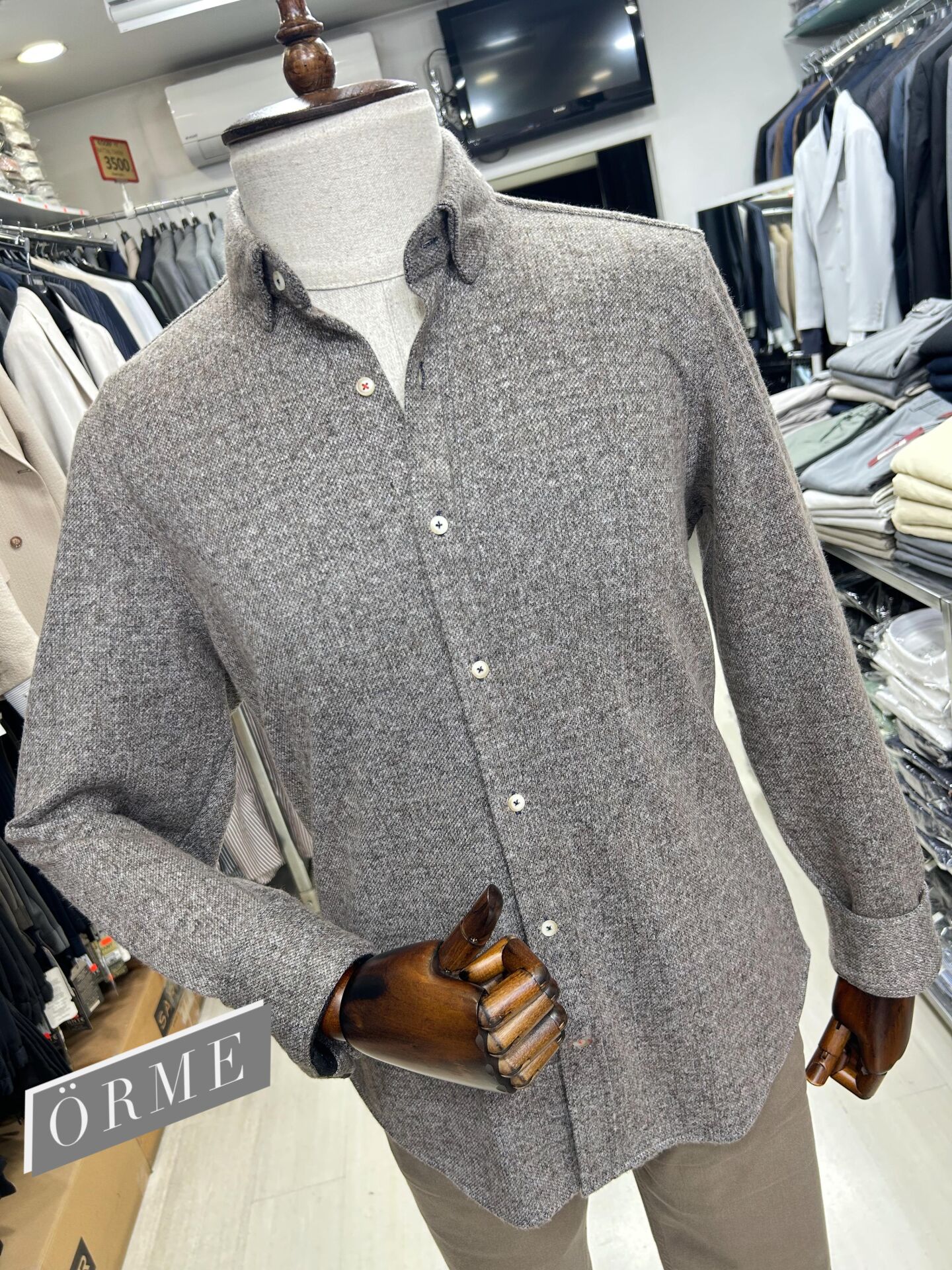 ERKEK BEJ DÜZ SLİM FİT KIŞLIK ÖRME GÖMLEK