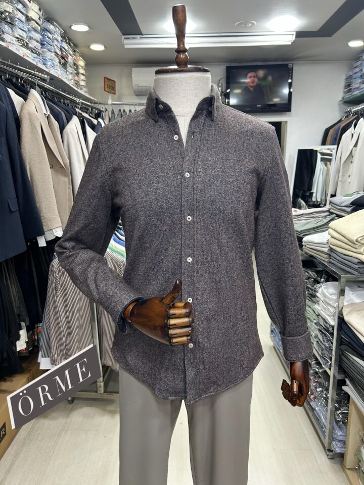 ERKEK KAHVE DÜZ SLİM FİT KIŞLIK ÖRME GÖMLEK