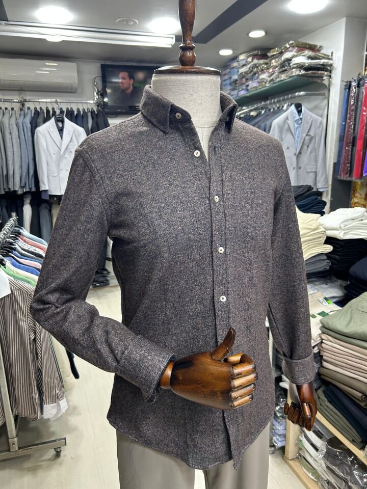 ERKEK KAHVE DÜZ SLİM FİT KIŞLIK ÖRME GÖMLEK