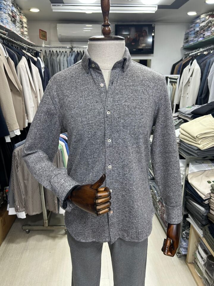 ERKEK GRİ DÜZ SLİM FİT KIŞLIK ÖRME GÖMLEK