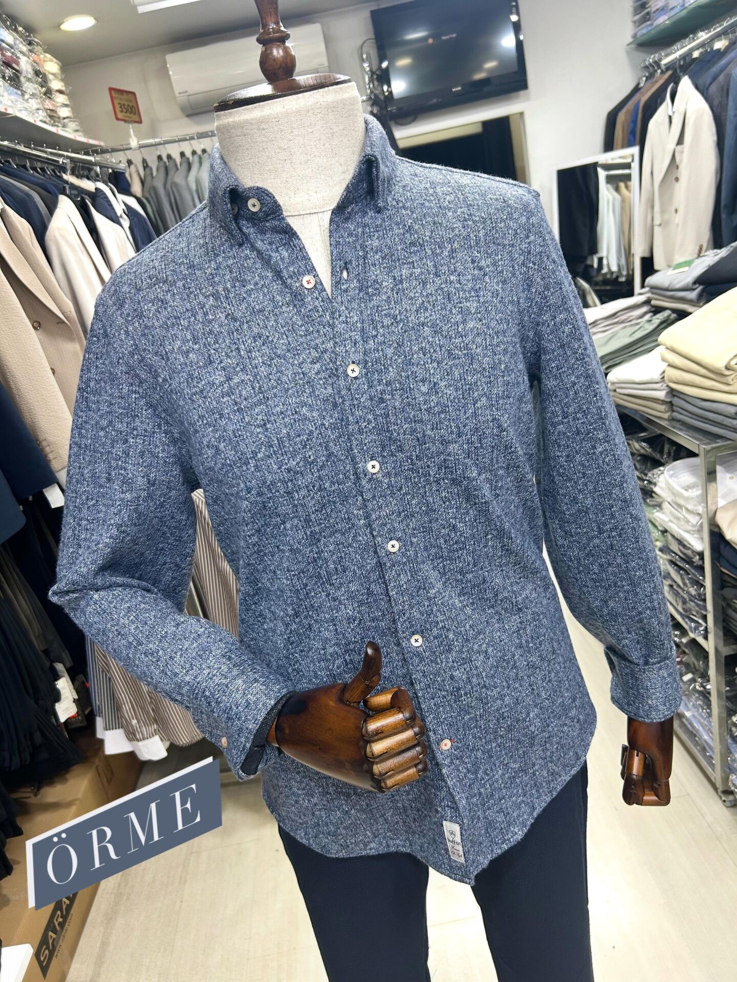 ERKEK MAVİ DÜZ SLİM FİT KIŞLIK ÖRME GÖMLEK