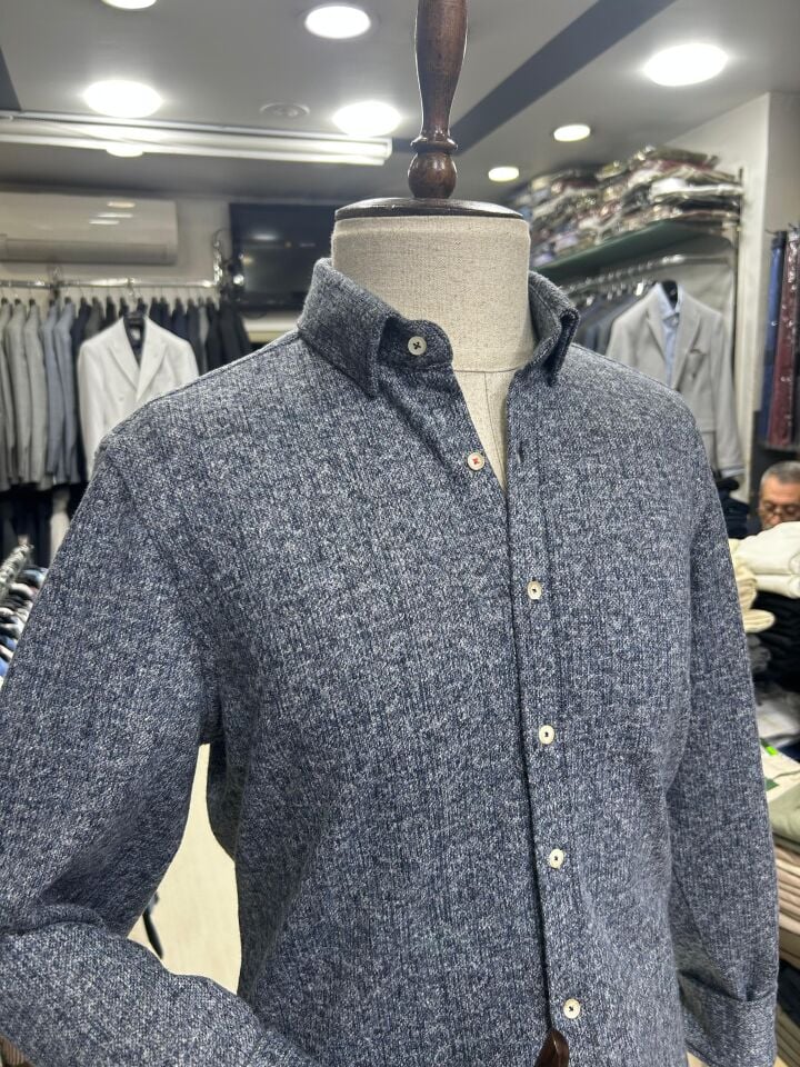 ERKEK MAVİ DÜZ SLİM FİT KIŞLIK ÖRME GÖMLEK