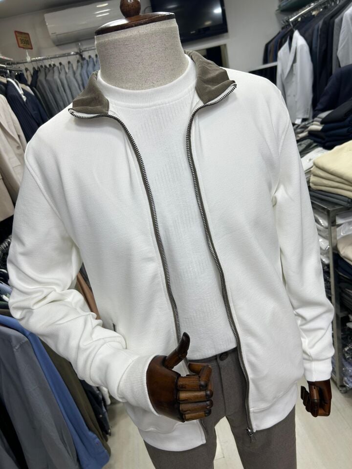 ERKEK BEYAZ ÇİFT FERMUAR KALIN HIRKA