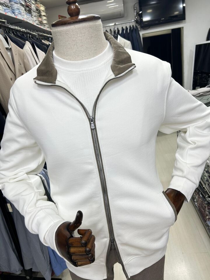 ERKEK BEYAZ ÇİFT FERMUAR KALIN HIRKA