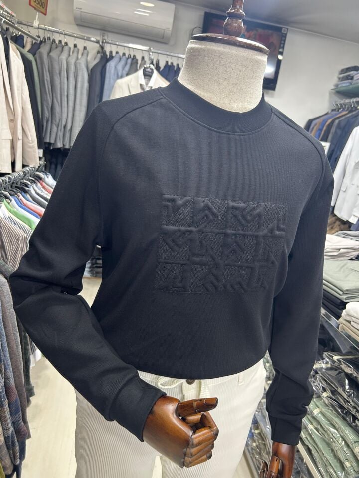 ERKEK SİYAH NAKIŞLI SİLİKON BASKI BİSİKLET YAKA KALIN SWEATSHIRT