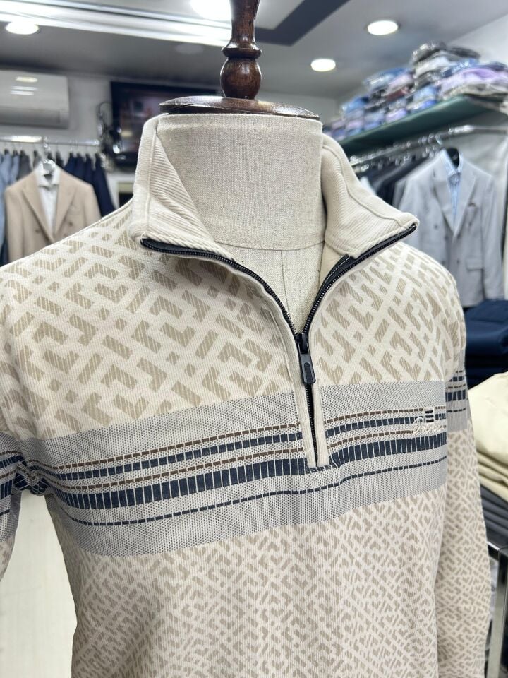 ERKEK BEJ FERMUAR YAKA DESENLİ SELANİK SWEATSHIRT