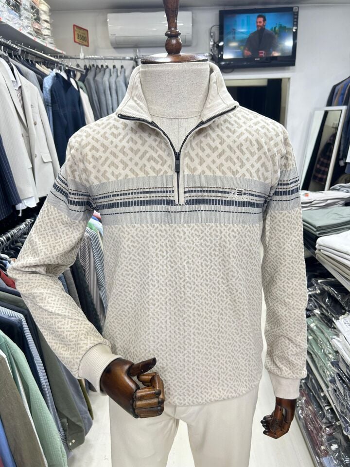 ERKEK BEJ FERMUAR YAKA DESENLİ SELANİK SWEATSHIRT
