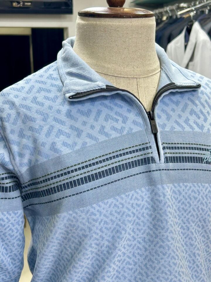 ERKEK MAVİ FERMUAR YAKA DESENLİ SELANİK SWEATSHIRT