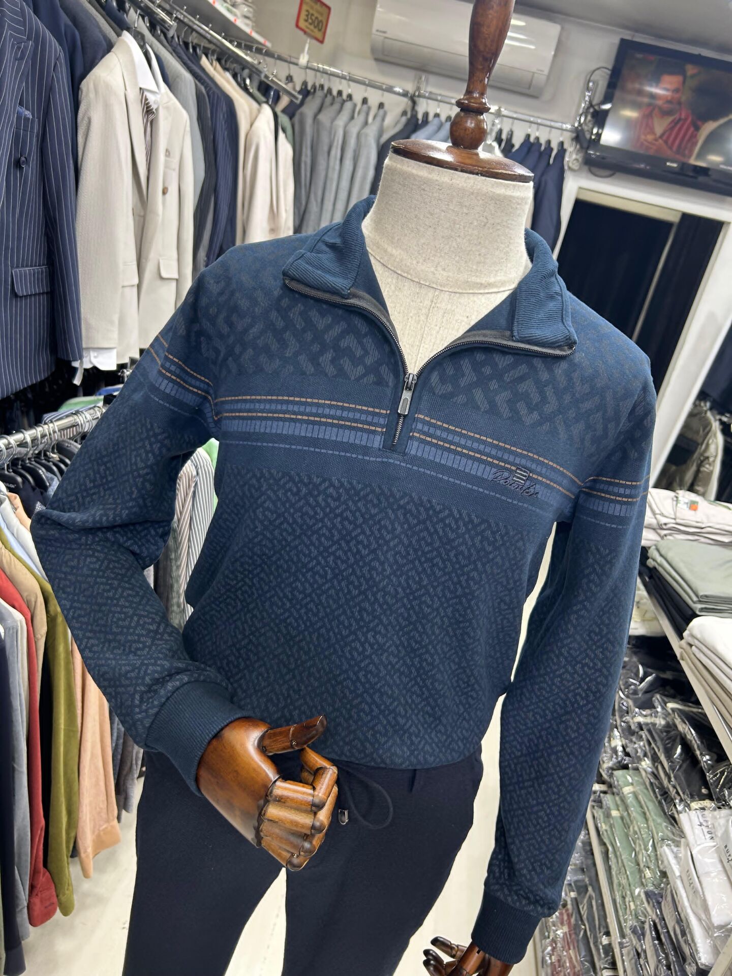 ERKEK LACİVERT FERMUAR YAKA DESENLİ SELANİK SWEATSHIRT