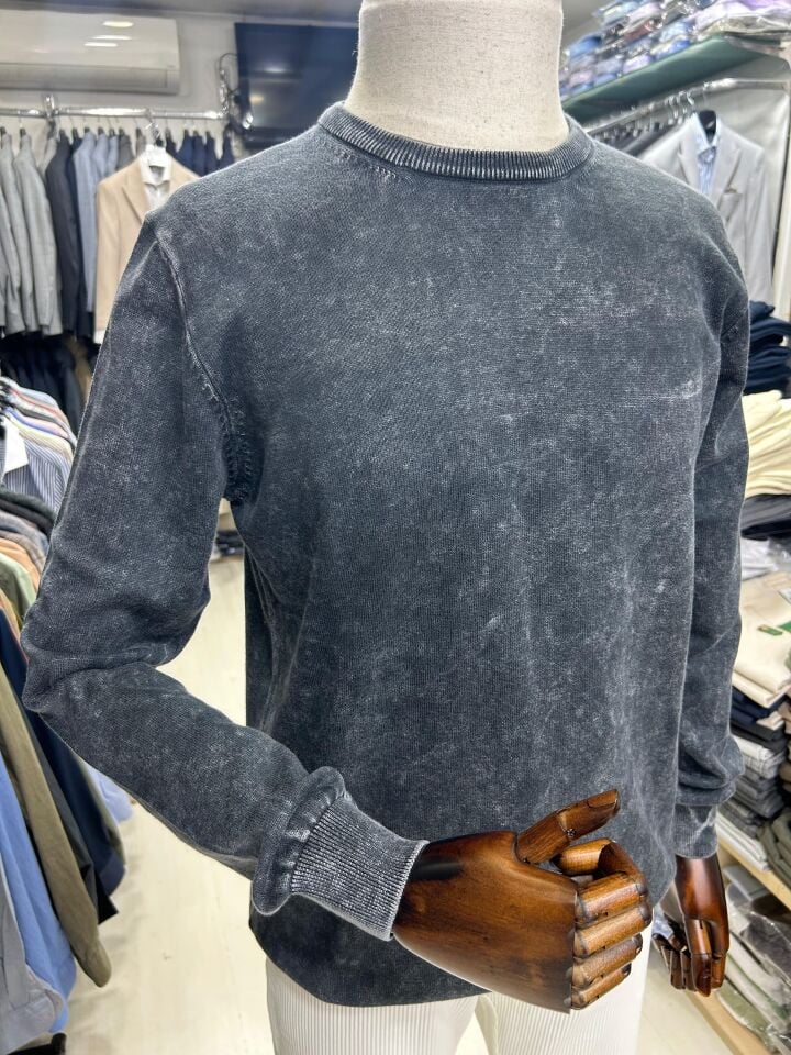 ERKEK SİYAH ESKİTME YIKAMA PAMUK TRİKO SWEATSHIRT