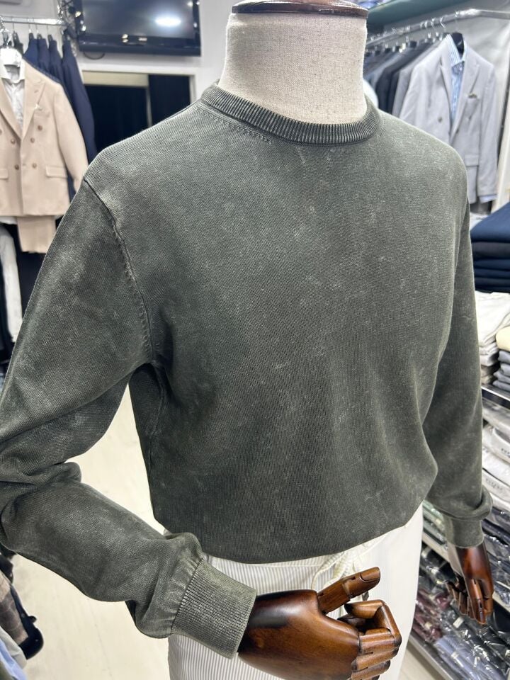 ERKEK HAKİ ESKİTME YIKAMA PAMUK TRİKO SWEATSHIRT