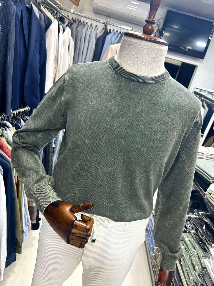 ERKEK HAKİ ESKİTME YIKAMA PAMUK TRİKO SWEATSHIRT