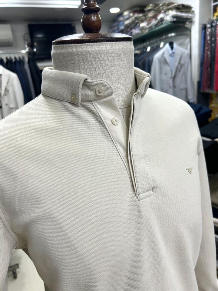 ERKEK BEJ GİZLİ DÜĞMELİ POLO YAKA KALIN SWEATSHİRT