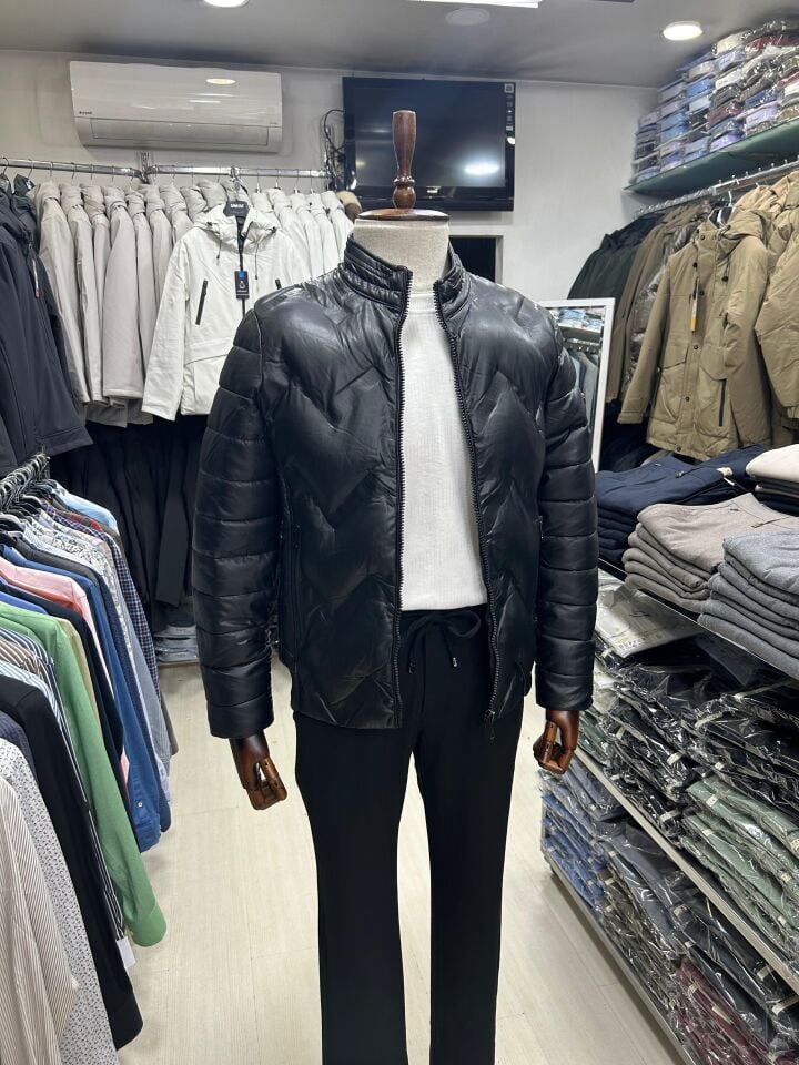 ERKEK SİYAH  SLİM FİT ŞİŞME HAFİF DERİ MONT