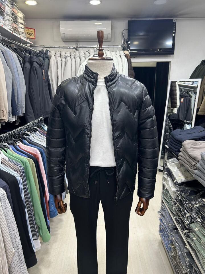 ERKEK SİYAH  SLİM FİT ŞİŞME HAFİF DERİ MONT