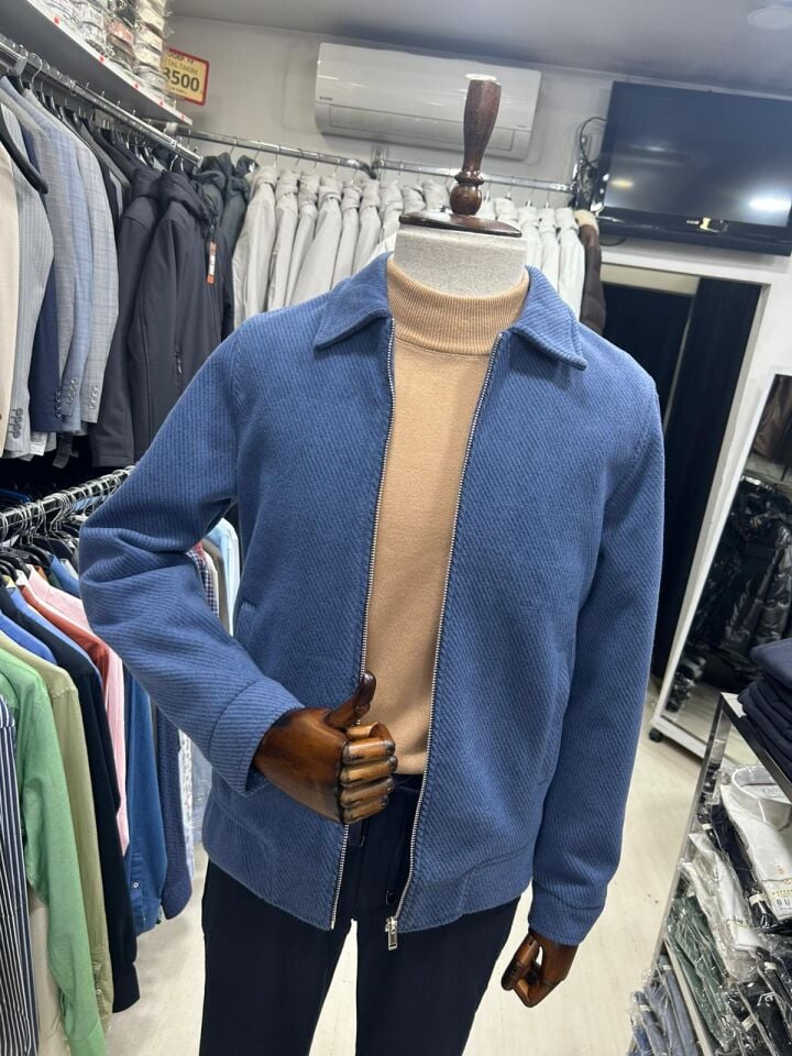 ERKEK MAVİ CEPLİ YAKALI KAŞE MONT CEKET