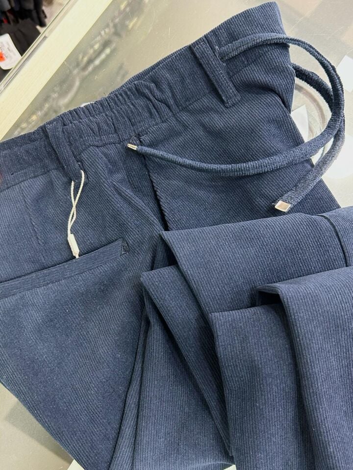 ERKEK LACİVERT SLİM FİT LİKRALI YARI BEL LASTİKLİ KADİFE JOGGER PANTOLON