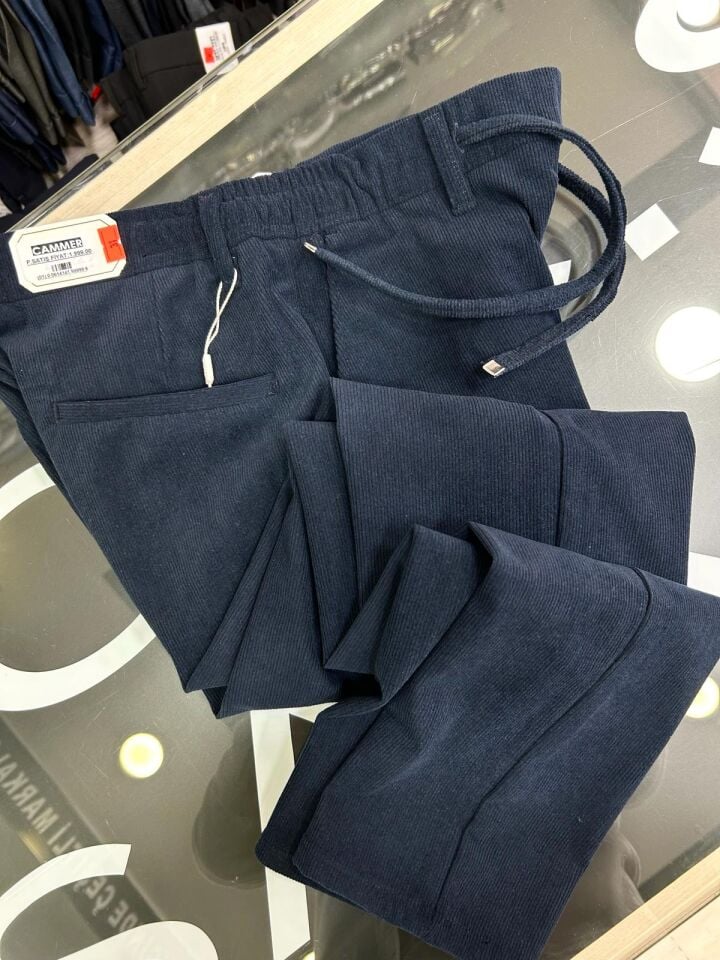 ERKEK LACİVERT SLİM FİT LİKRALI YARI BEL LASTİKLİ KADİFE JOGGER PANTOLON
