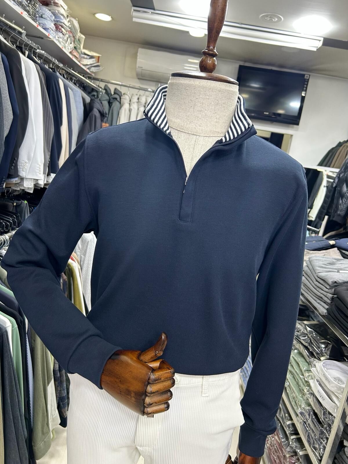 ERKEK LACİVERT GİZLİ YARIM FERMUAR PAMUKLU SWEATSHİRT